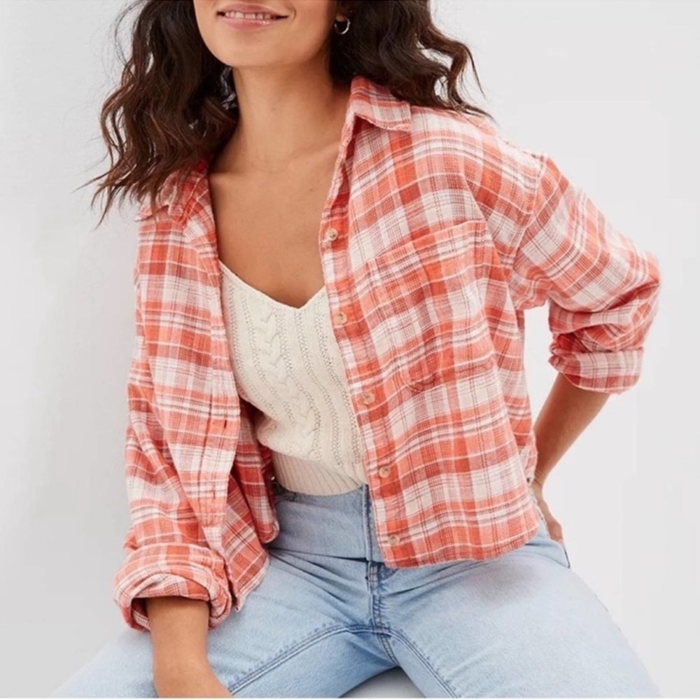 American Eagle Cropped Flannel Shirt Orange Plaid XL